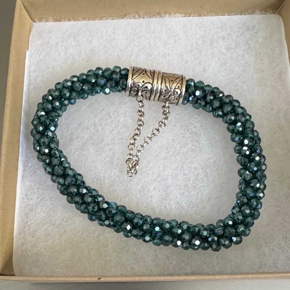 Silpada Teal Green Faceted Crystal Braided Bracelet with Silver Accents